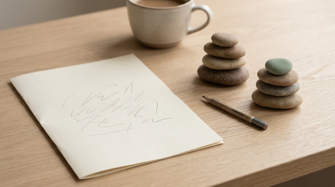 A plain folded sheet of paper beside two small piles of smooth stones and a pencil on a light oak desk.