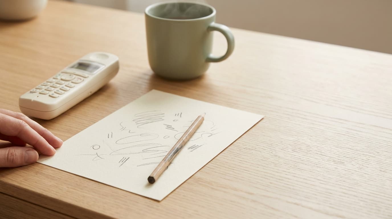 A cordless phone on a light oak desk beside a sheet of paper with abstract pencil marks and a pencil, a hand resting on the paper's edge and a sage-green mug behind.