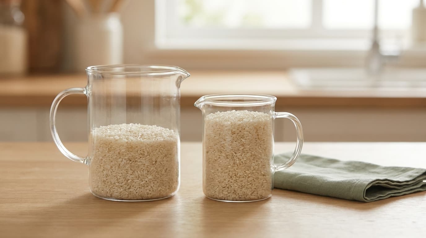 A clear glass measuring jug about half full of dry rice beside a second, smaller jug nearly full, on a light oak table.