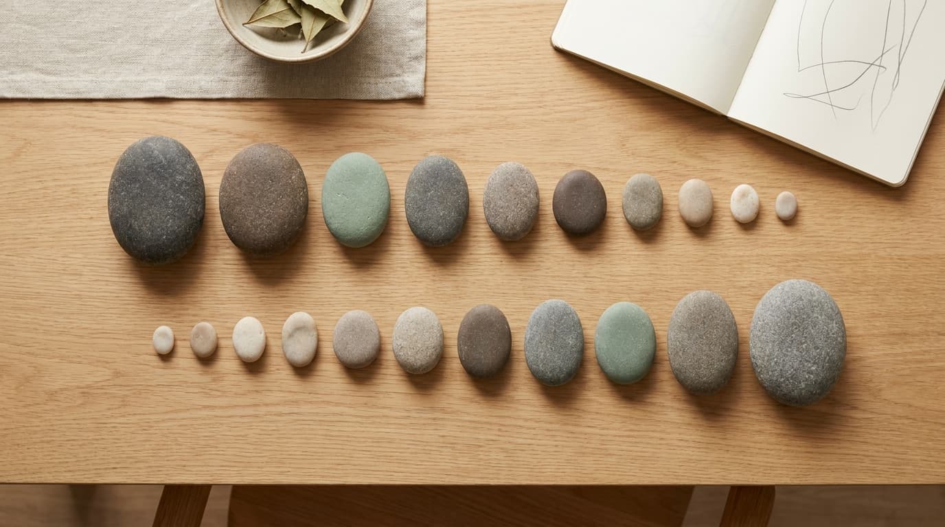 Two rows of smooth stones on a light oak table, one sorted largest to smallest and one smallest to largest.