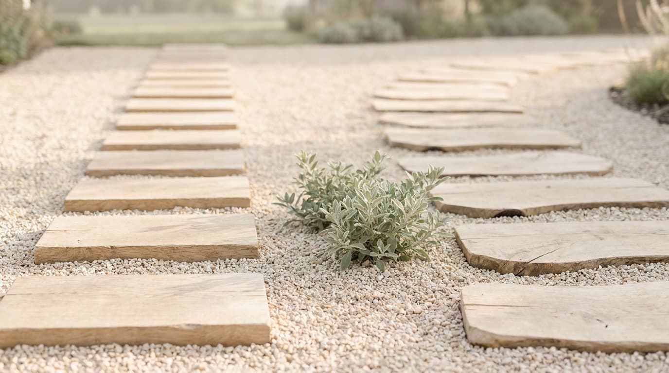 Two paths of light oak stepping stones across pale gravel, one of neat rectangular stones and one of irregular, uneven stones, with a sage-green shrub between them.