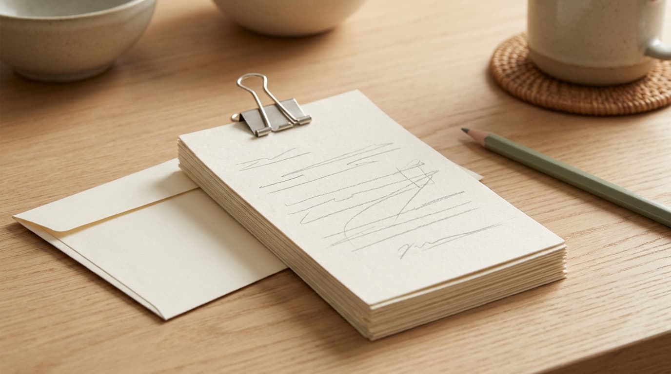 Several paper bills gathered under one plain binder clip beside a single envelope on a light oak desk.