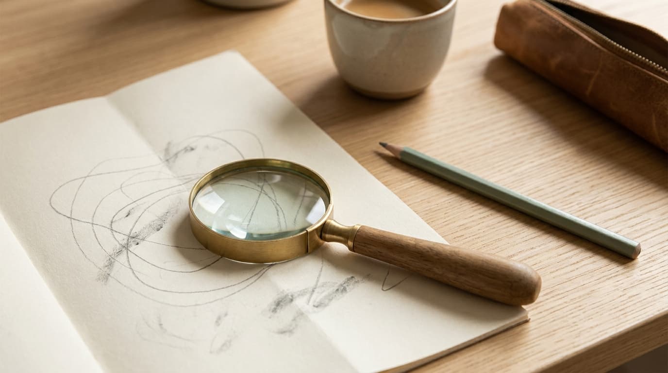 A magnifying glass resting on a plain folded sheet of paper on a light oak desk.