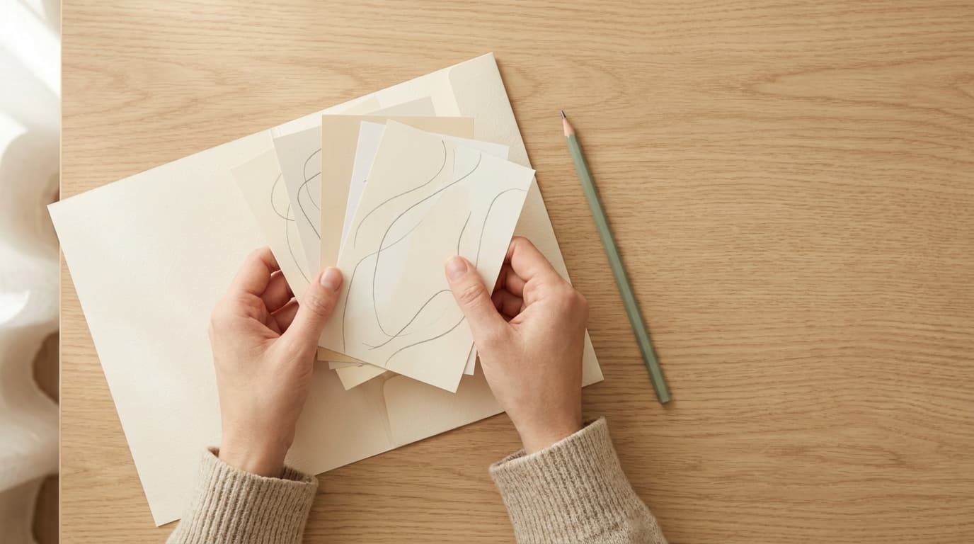 Two hands sliding several loose paper slips of different sizes into one cream folder on a light oak desk.