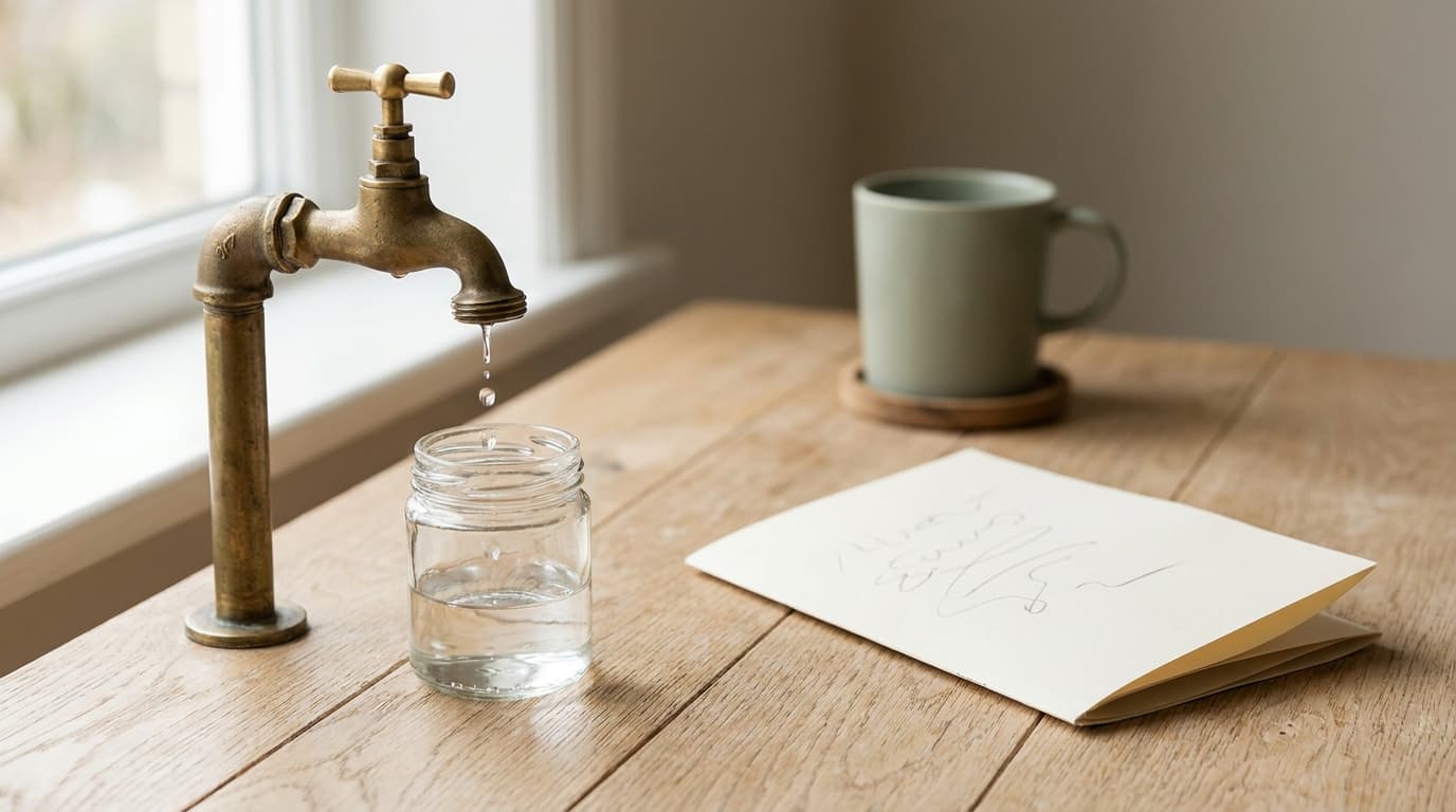 A glass jar on a wooden table with a slow line of water drops falling into it from a brass tap, a paper statement folded beside it.
