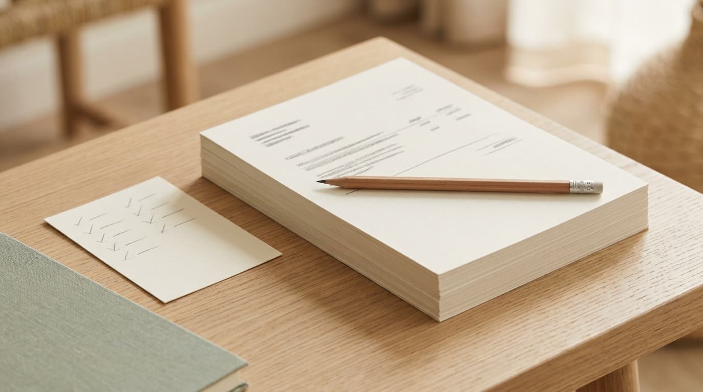 A neat stack of paper statements with a pencil and a small checklist card on a light oak desk.