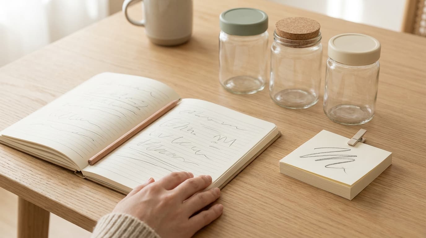 An open notebook with pencil-drawn columns, a pencil and a small stack of paper bills on a light oak table, with three empty glass jars behind them.