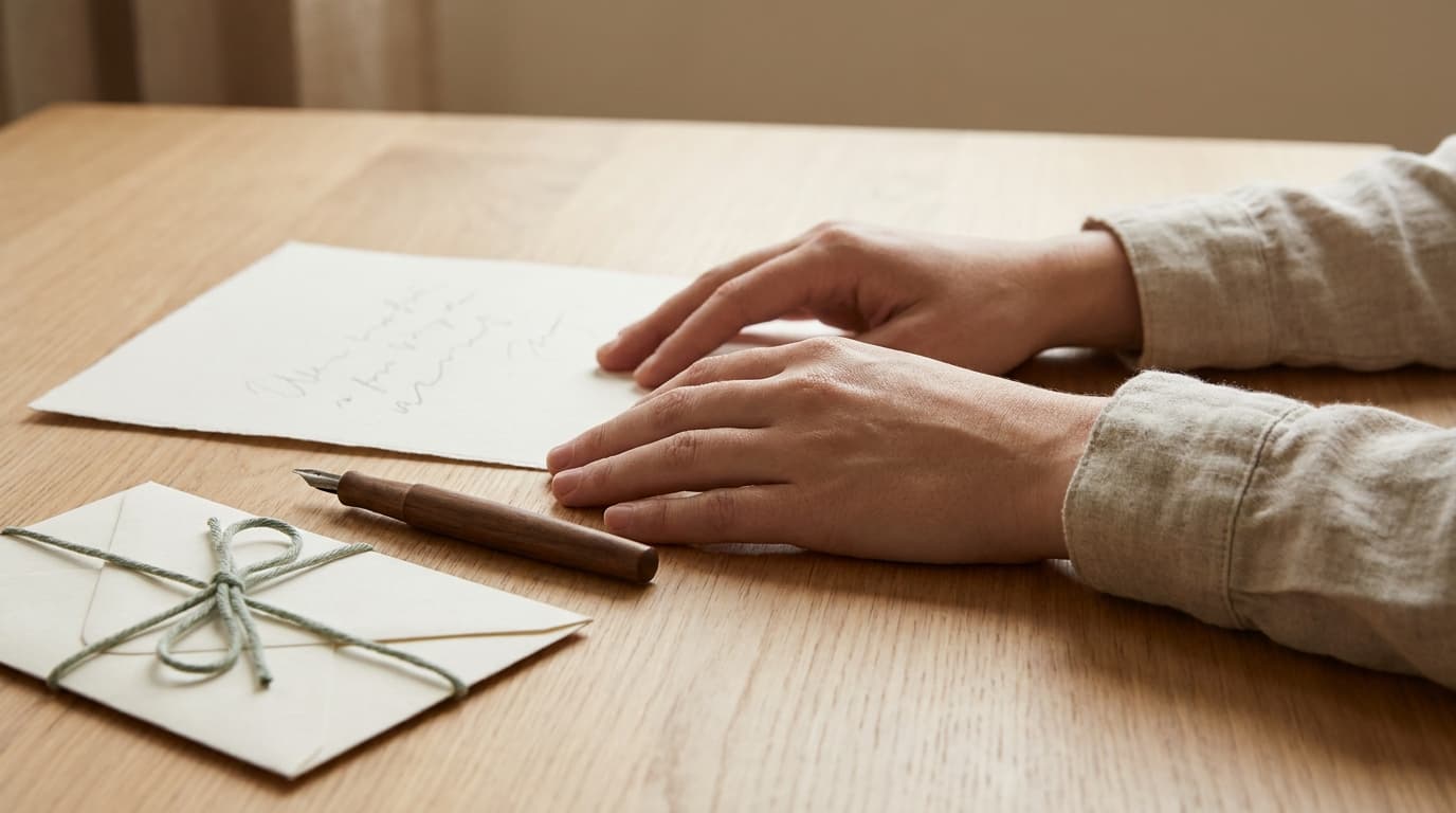 Two hands resting on a light oak table beside a cream sheet of paper with faint abstract pen strokes, a wooden fountain pen and a plain envelope tied with sage-green string.