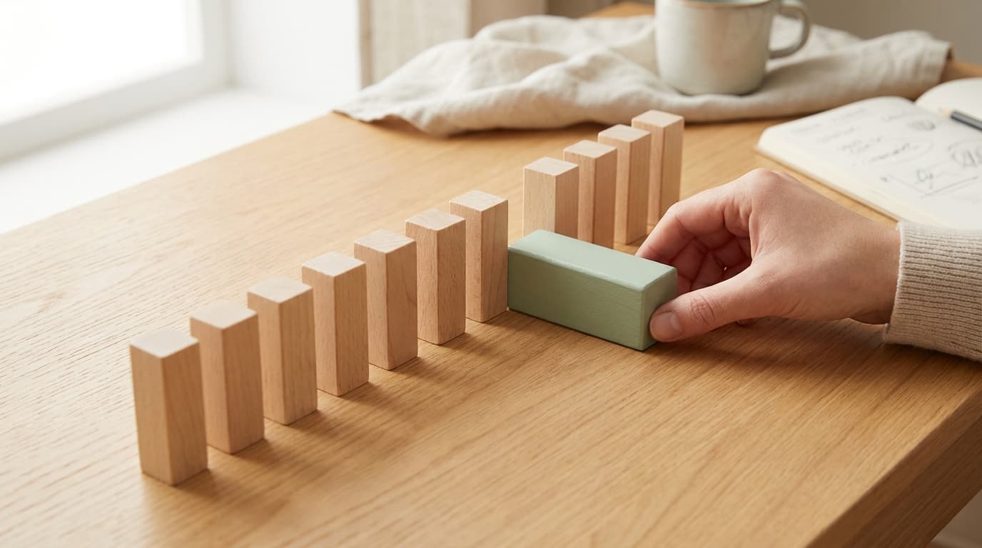 Ten small wooden blocks in a row on a light oak table, with a hand moving the last block to one side.