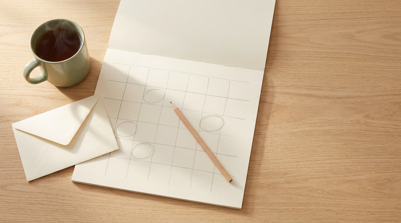 A wall calendar with a few days circled in pencil beside a closed envelope and a cup of tea on a light oak desk.