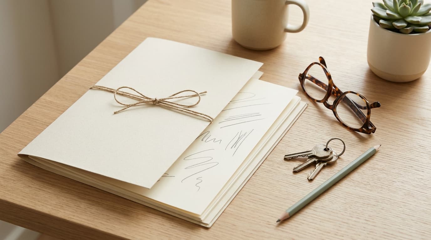 A closed folder of paper statements beside a pair of reading glasses and a set of house keys on a light oak desk.