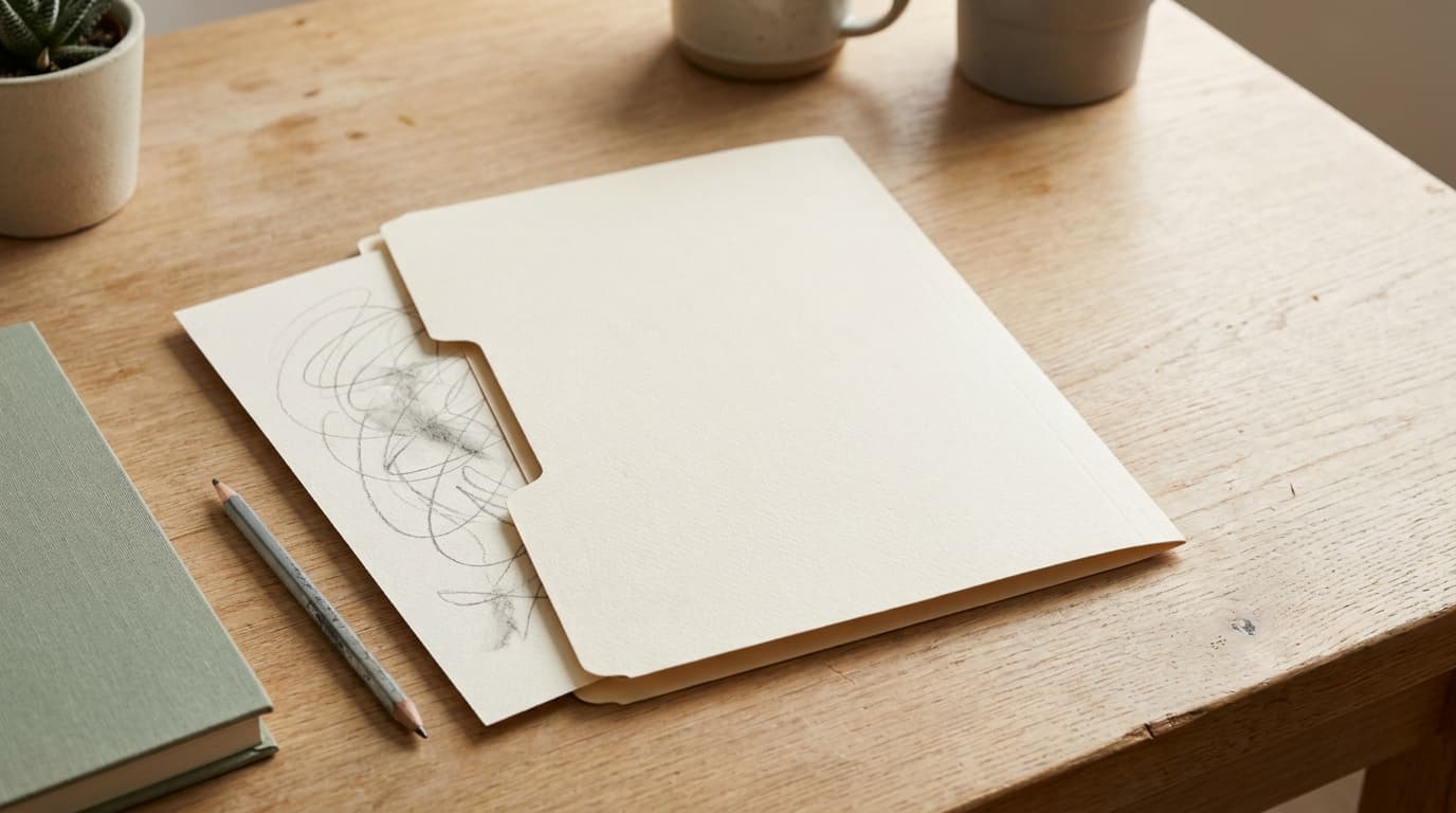 A plain paper folder with a single sheet sliding out, set on a light oak desk beside a pencil and a sage-green notebook.