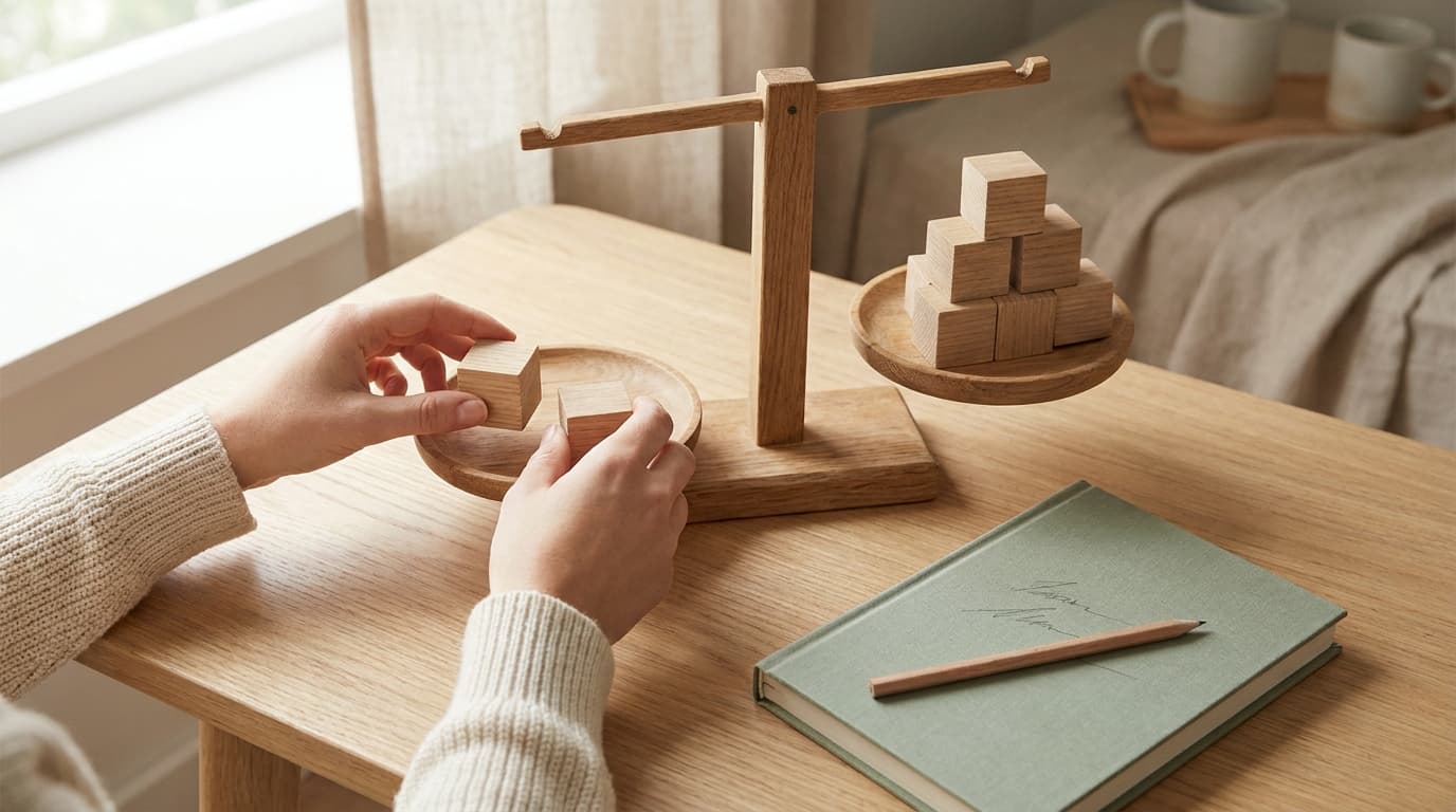 Two hands placing small light oak blocks on one pan of a simple wooden balance scale, the other pan holding a taller stack of blocks, on a light oak table beside a sage-green notebook and a pencil.
