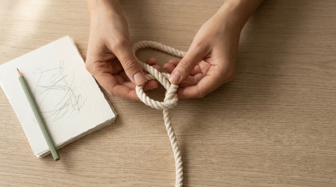 Two hands loosening a knotted length of cotton rope on a light oak table beside a few plain paper statements.