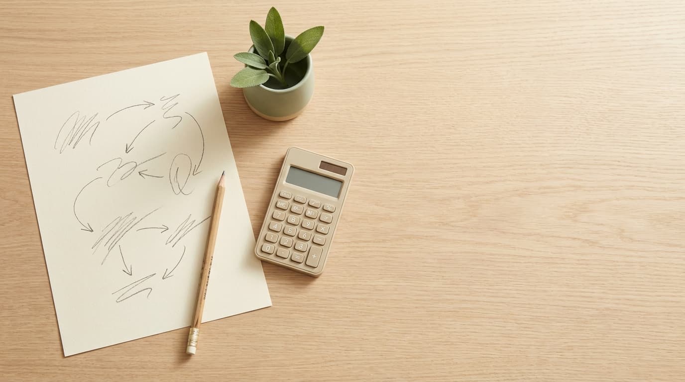 A top-down view of a clean light-oak desk with a sheet of paper, a pencil, a calculator and a small plant.