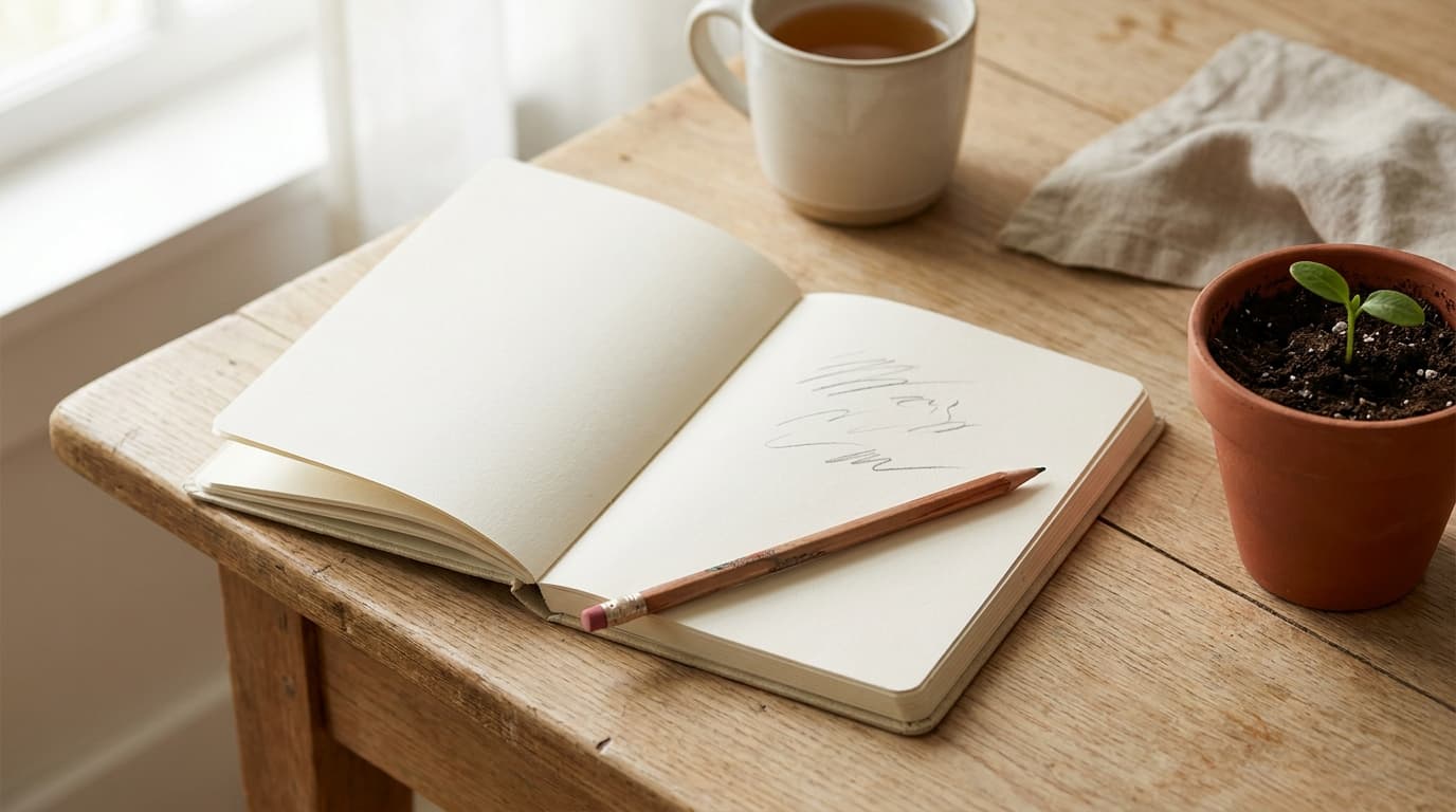A notebook open to a blank page beside a pencil and a small seedling.