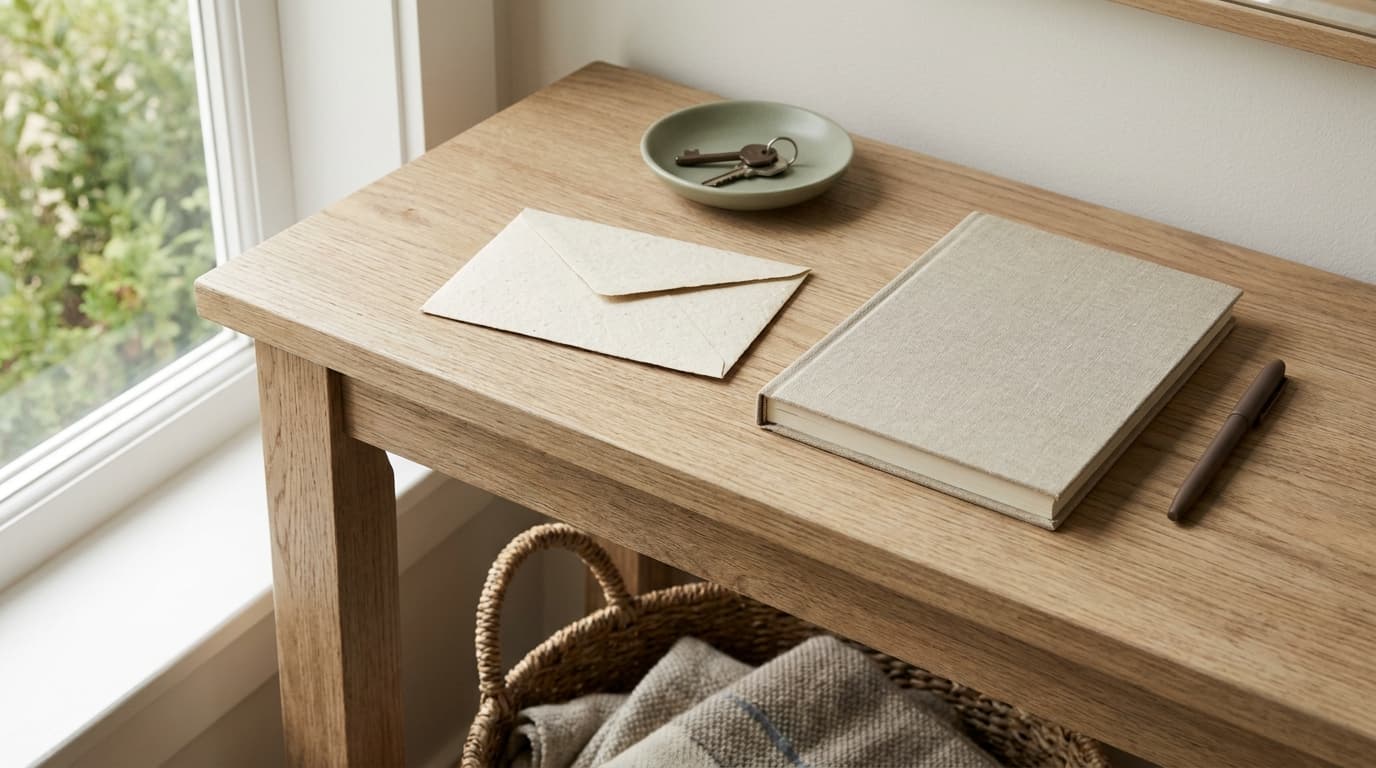 An envelope on an entryway table next to a closed notebook and a pen.