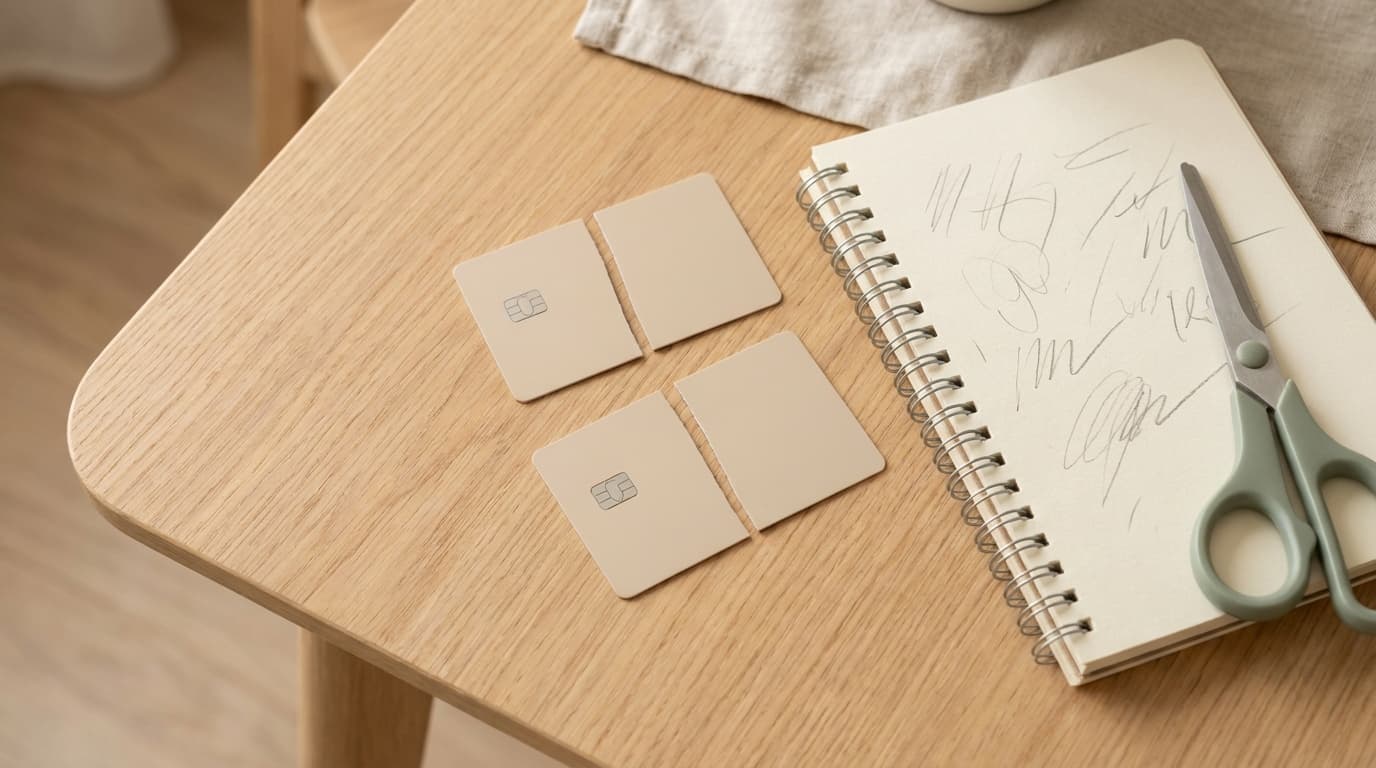 Two plain credit cards cut in half next to an open budget notebook and scissors.