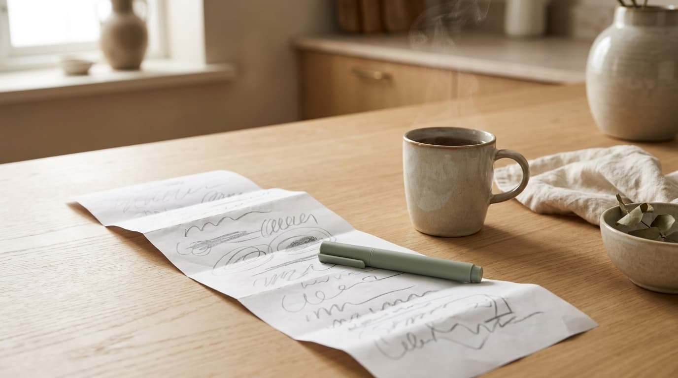 A long itemized bill with a highlighter and a cup of tea on a table.