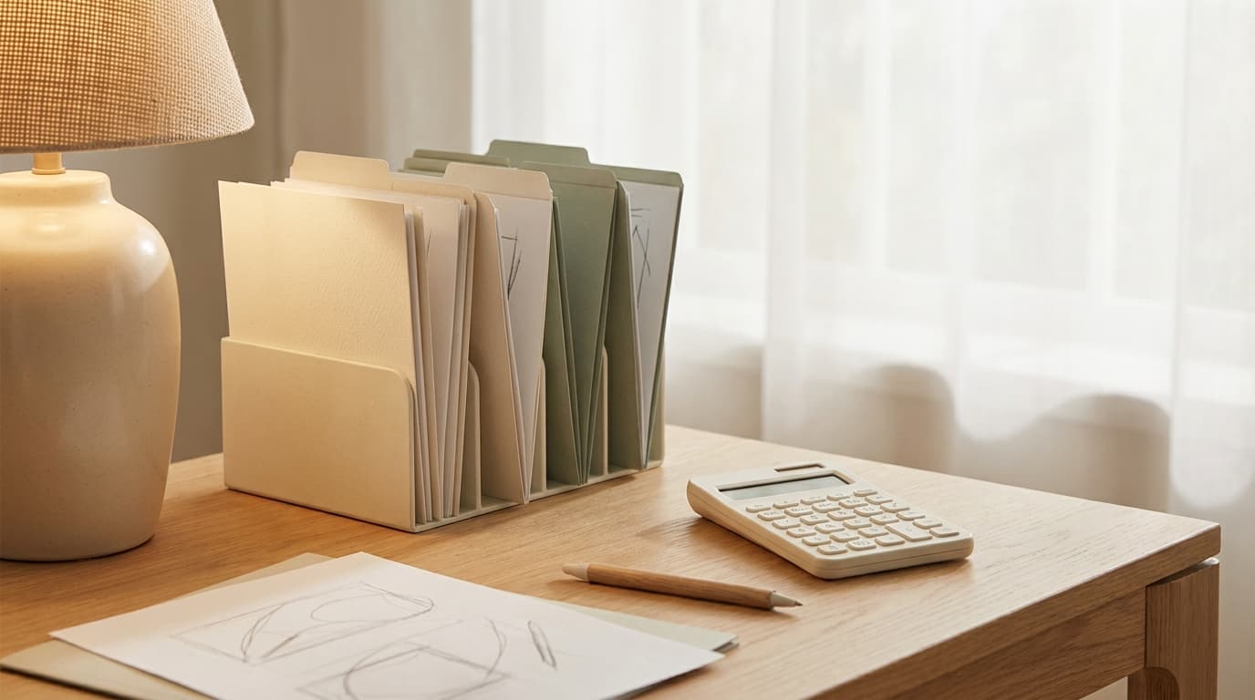 Neatly organized folders, a calculator and a pen on a desk.