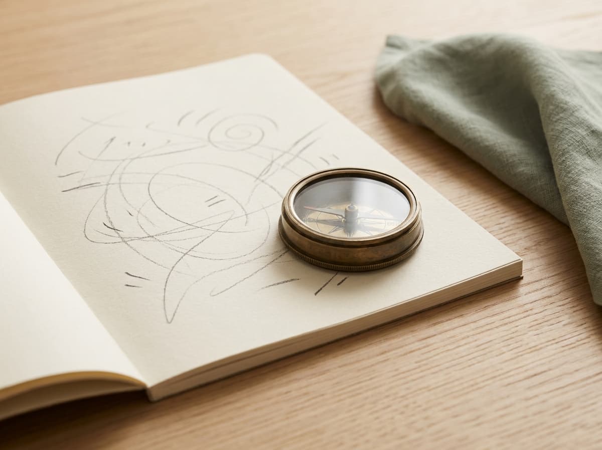 A brass compass on an open notebook.