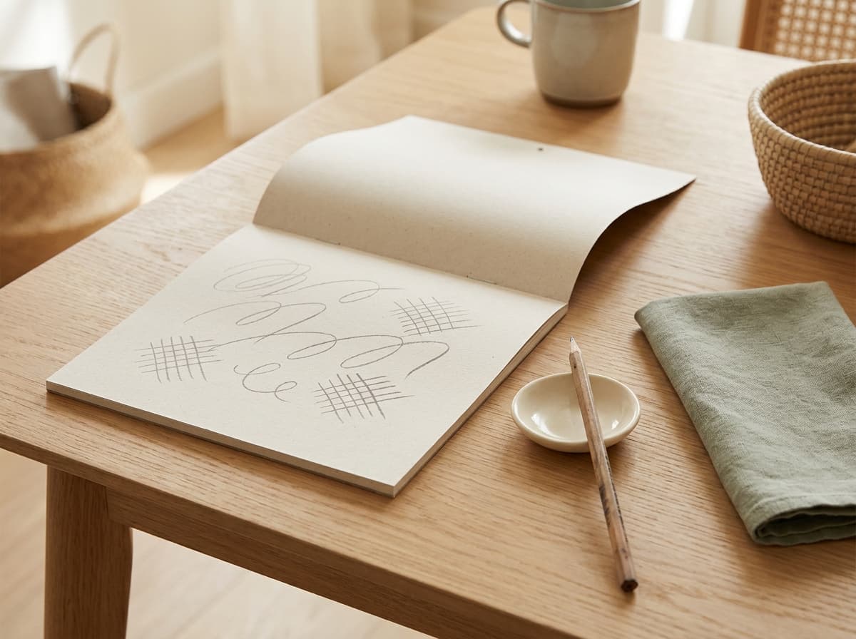 An open sketchbook with pencil marks, a pencil on a small ceramic dish and a sage linen napkin on a light oak table.