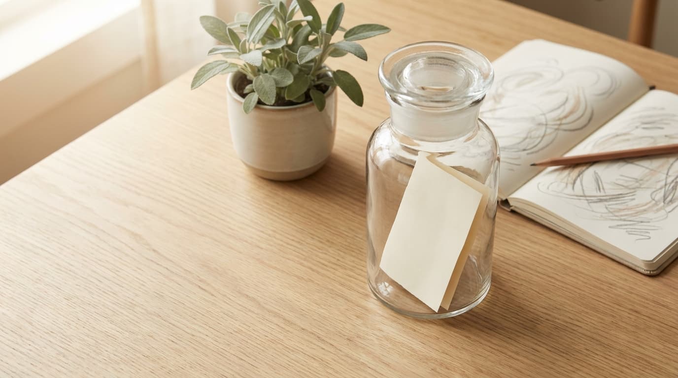 A clear glass jar holding a single folded note beside an open notebook, a pencil and a small plant on a light oak desk.