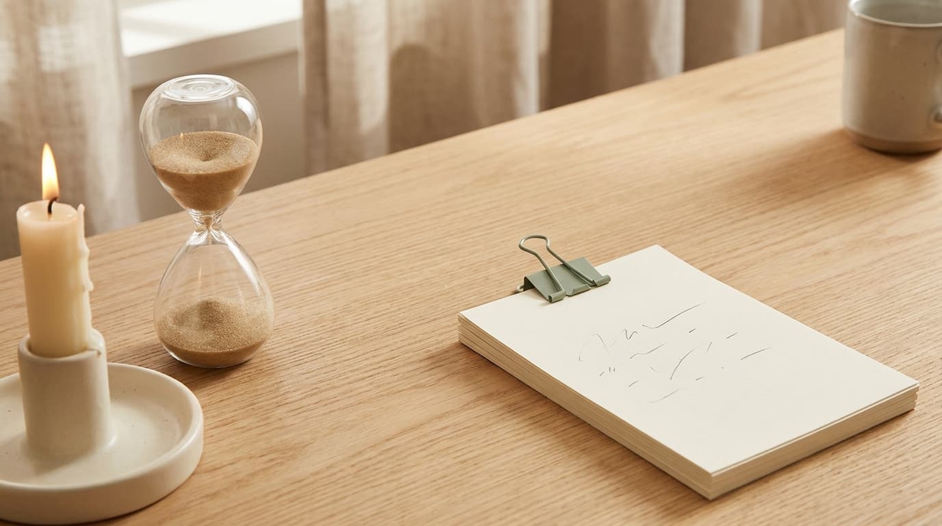 A half-burned candle and a small sand hourglass on the left of a light oak desk, and a neat stack of identical cream paper slips held by a sage-green clip on the right.