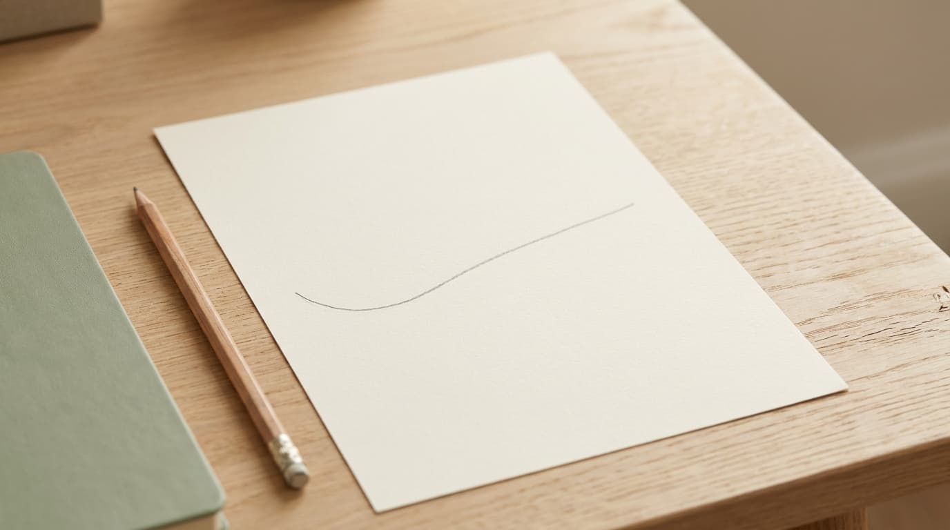 A single pencil line on a sheet of cream paper that starts low and curves gently upward, with a pencil and a sage-green notebook beside it on a light oak desk.