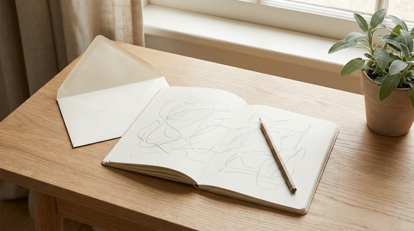 An opened envelope set aside beside an open notebook with a pencil and a small plant on a light oak desk.