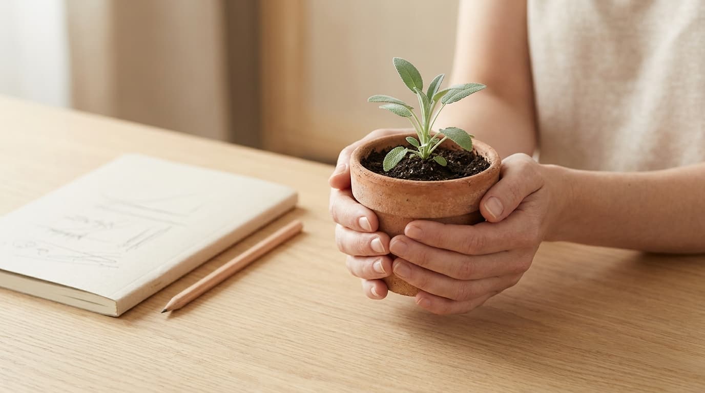Two hands cupping a small clay pot with a young sage-green seedling on a light oak desk, beside a closed cream notebook and a pencil.