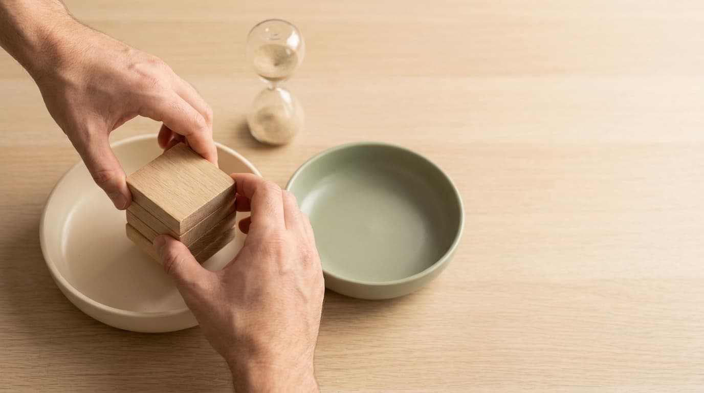 Two hands lifting a small stack of light oak wooden blocks from one cream ceramic dish into an empty sage-green dish beside it, with a small sand hourglass on the desk.