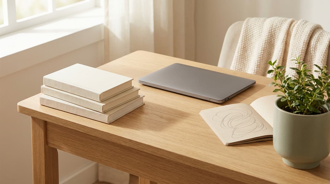 A stack of textbooks next to a laptop and a notebook on a study desk.
